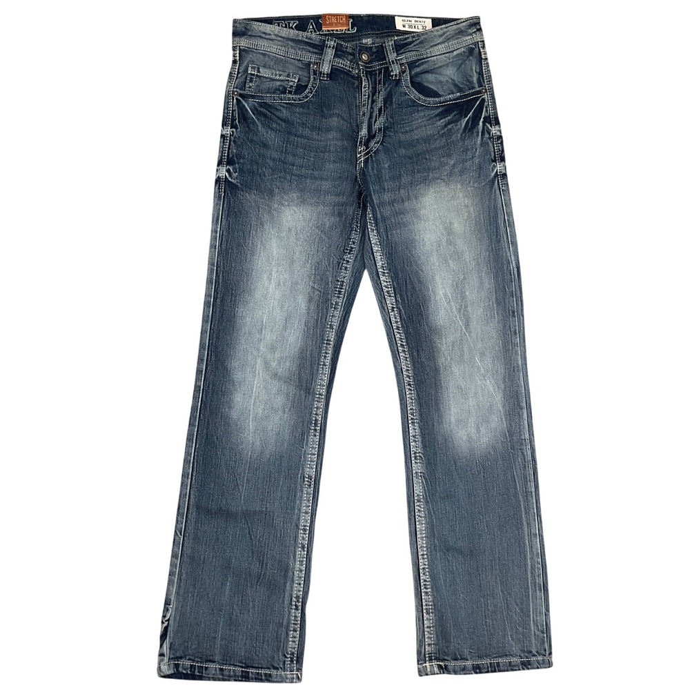 TK Axel Jeans Mens 30W 32L Blue Stonewash Slim Bootcut Y2K Contrast Stitch